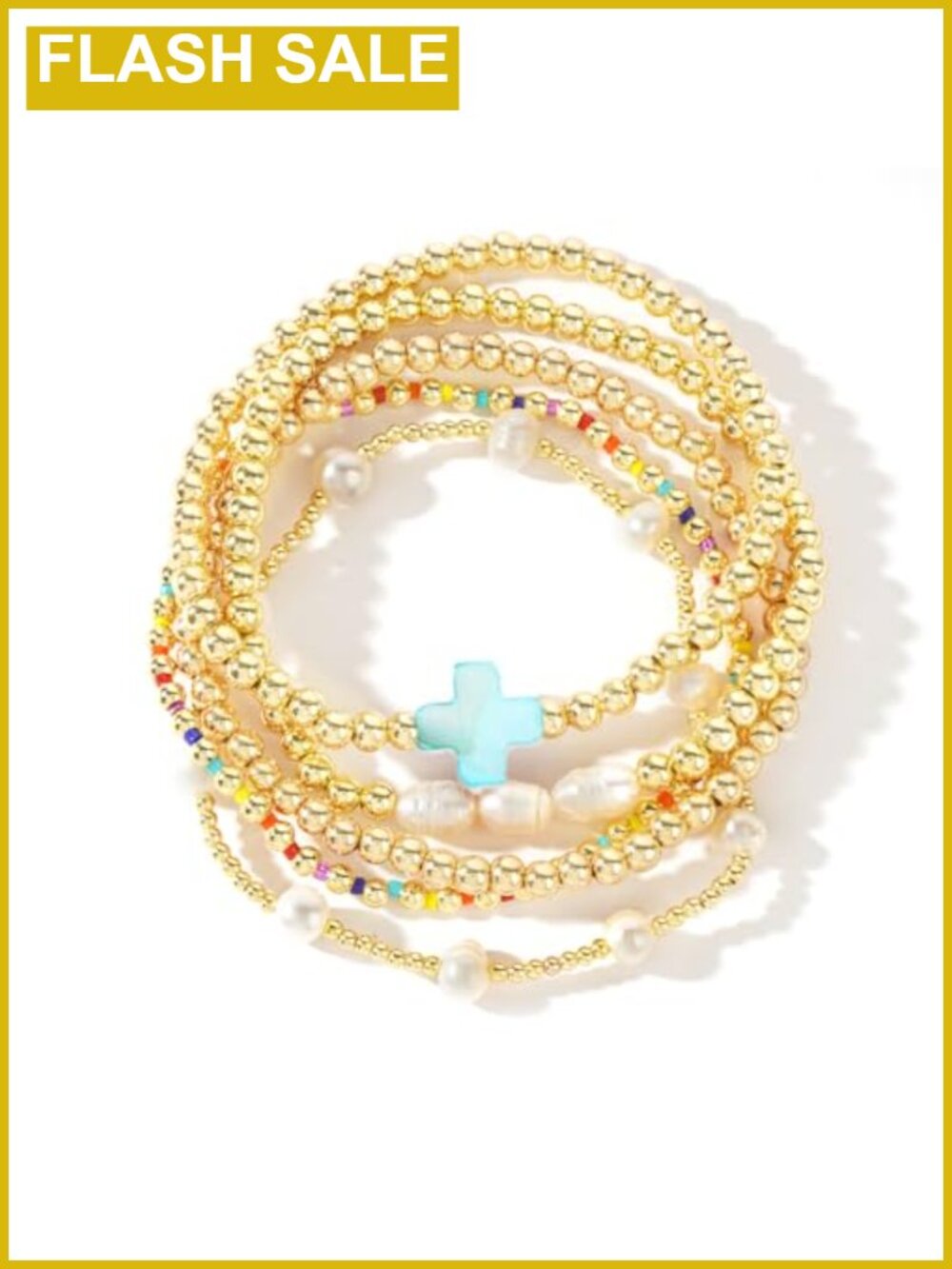 14K Gold Plated Pearl Beaded Cross Bracelets Stack Set Women Stretch Boho